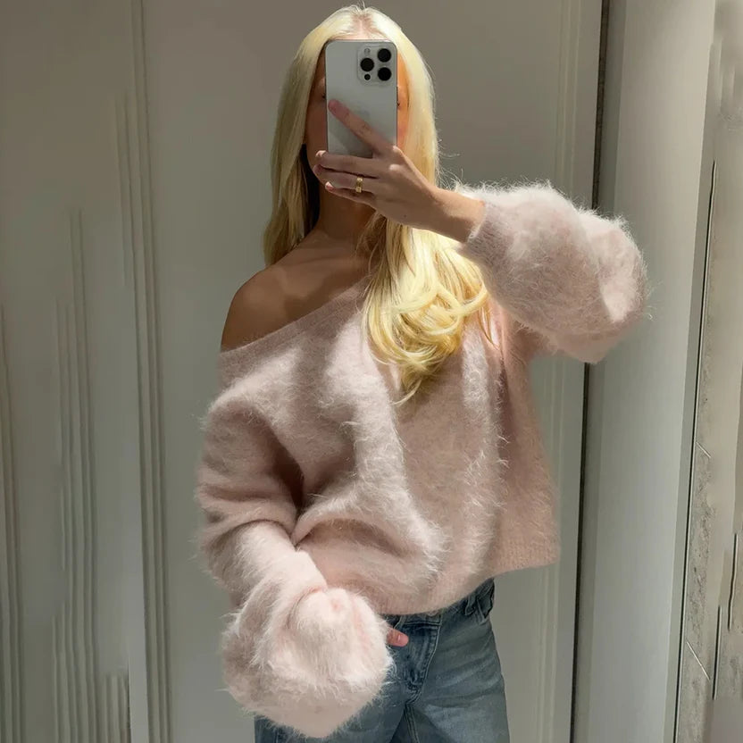 Suéter de Mohair para Mujer, Jersey Oversize de Manga Linterna para Otoño e Invierno